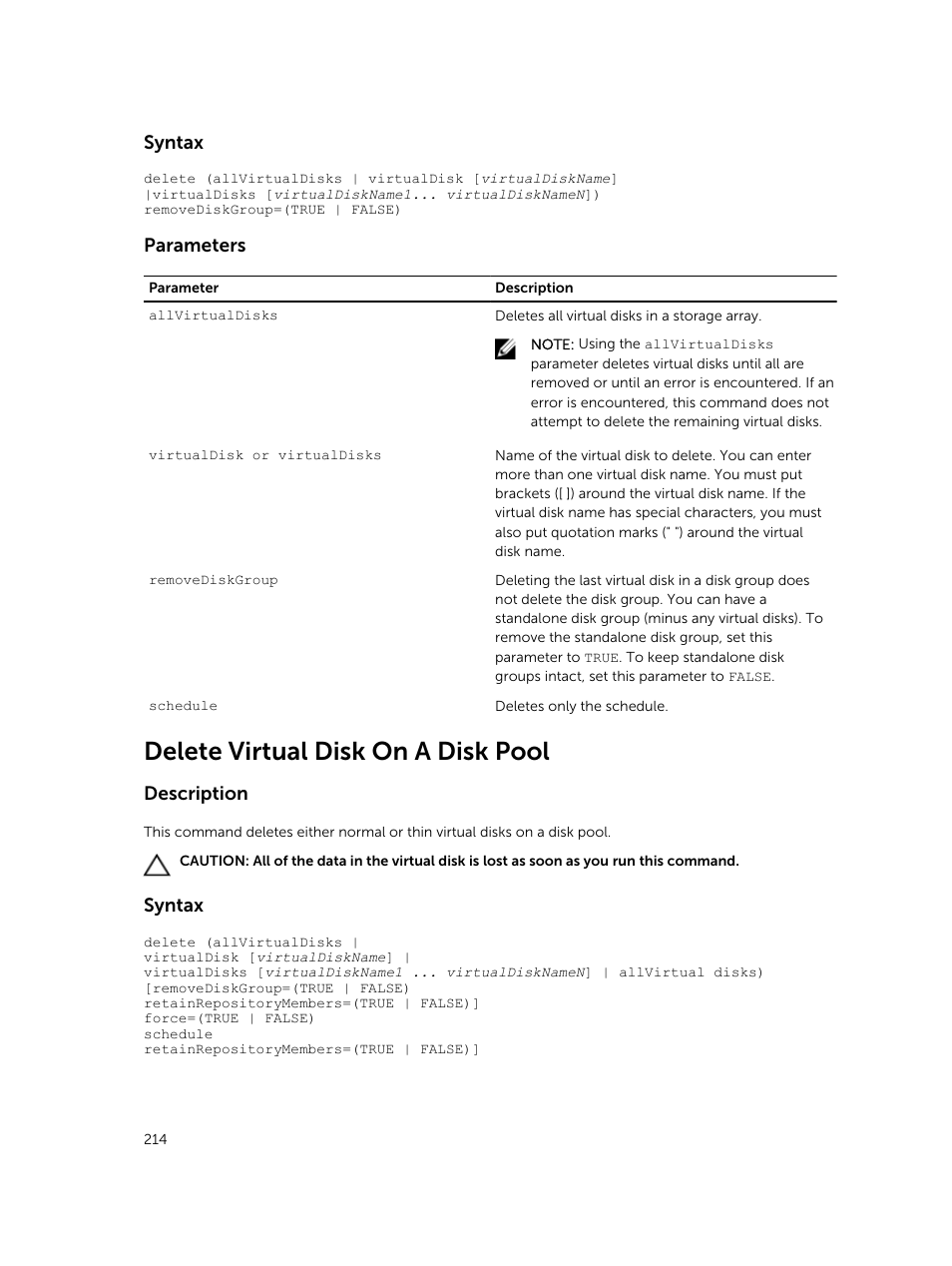 Delete virtual disk on a disk pool, Syntax, Parameters | Description | Dell PowerVault MD3420 User Manual | Page 214 / 405