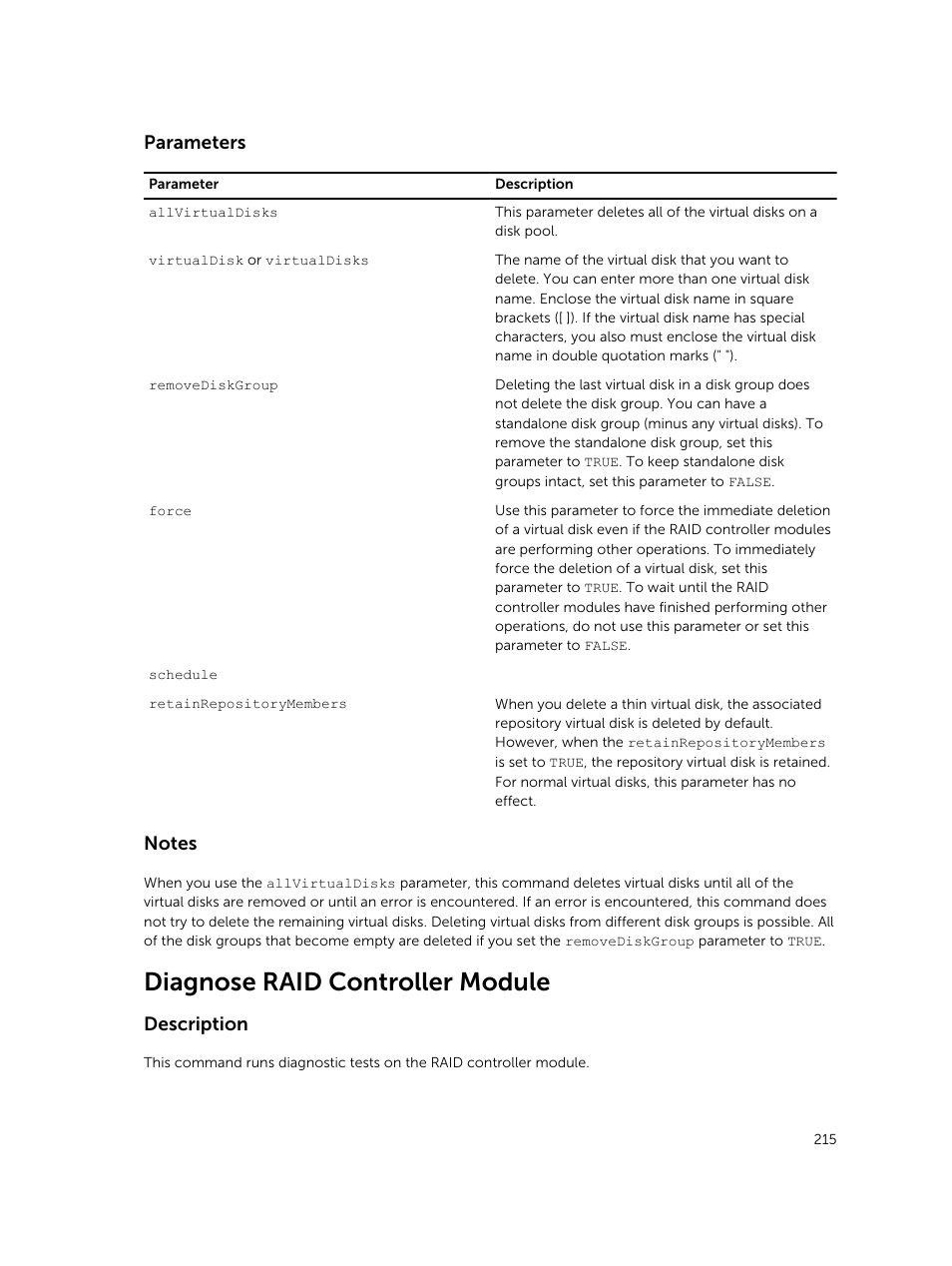 Diagnose raid controller module, Parameters, Description | Dell PowerVault MD3420 User Manual | Page 215 / 405