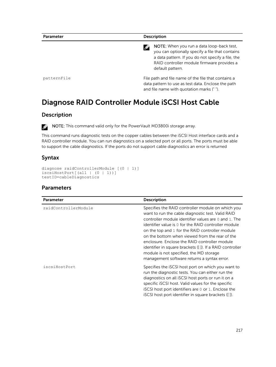 Diagnose raid controller module iscsi host cable, Description, Syntax | Parameters | Dell PowerVault MD3420 User Manual | Page 217 / 405