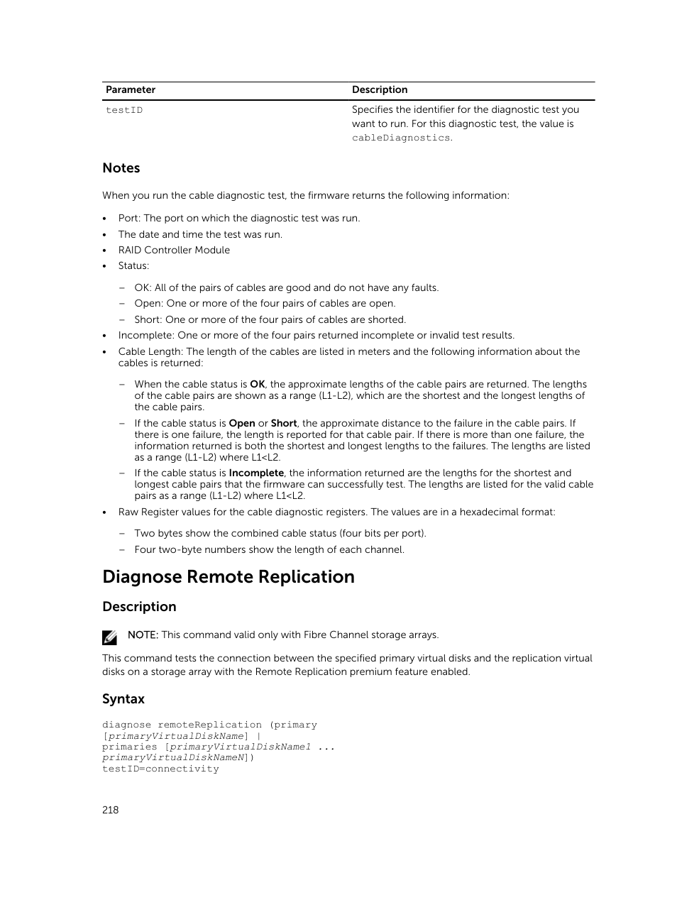 Diagnose remote replication, Description, Syntax | Dell PowerVault MD3420 User Manual | Page 218 / 405