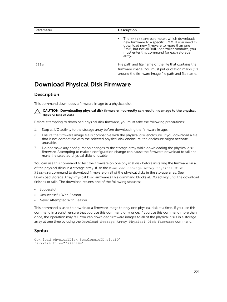 Download physical disk firmware, Description, Syntax | Dell PowerVault MD3420 User Manual | Page 221 / 405