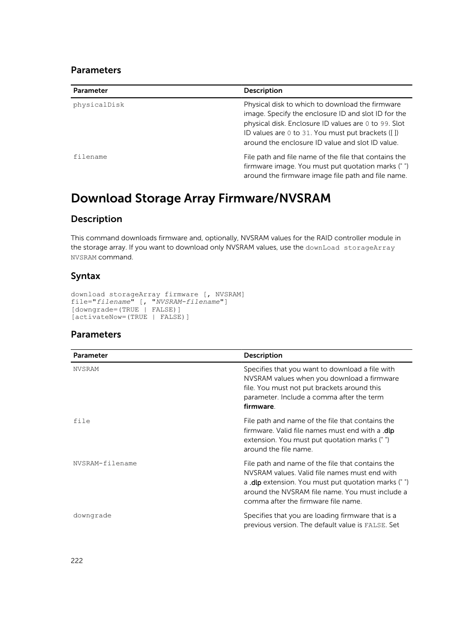 Download storage array firmware/nvsram, Parameters, Description | Syntax | Dell PowerVault MD3420 User Manual | Page 222 / 405