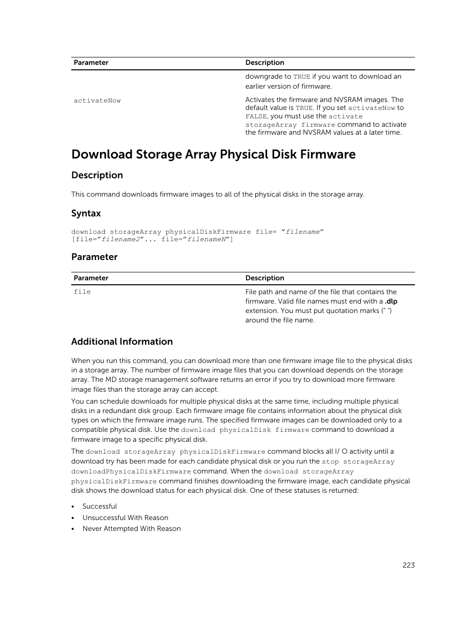 Download storage array physical disk firmware, Description, Syntax | Parameter, Additional information | Dell PowerVault MD3420 User Manual | Page 223 / 405