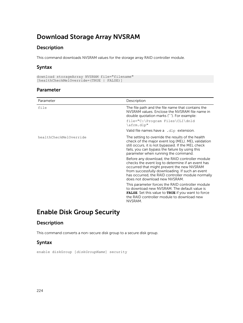 Download storage array nvsram, Enable disk group security, Description | Syntax, Parameter | Dell PowerVault MD3420 User Manual | Page 224 / 405