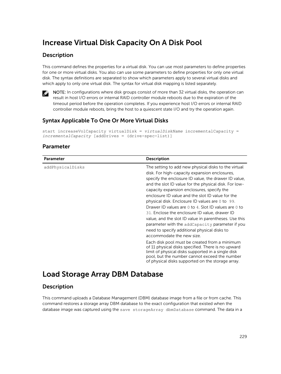 Increase virtual disk capacity on a disk pool, Load storage array dbm database | Dell PowerVault MD3420 User Manual | Page 229 / 405