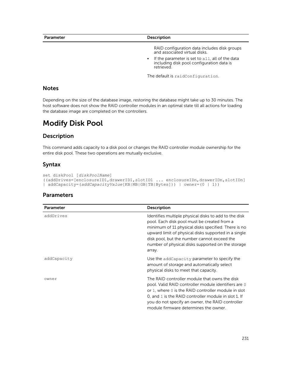 Modify disk pool, Description, Syntax | Parameters | Dell PowerVault MD3420 User Manual | Page 231 / 405