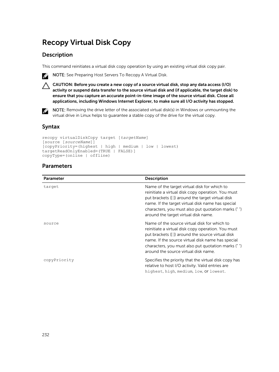 Recopy virtual disk copy, Description, Syntax | Parameters | Dell PowerVault MD3420 User Manual | Page 232 / 405