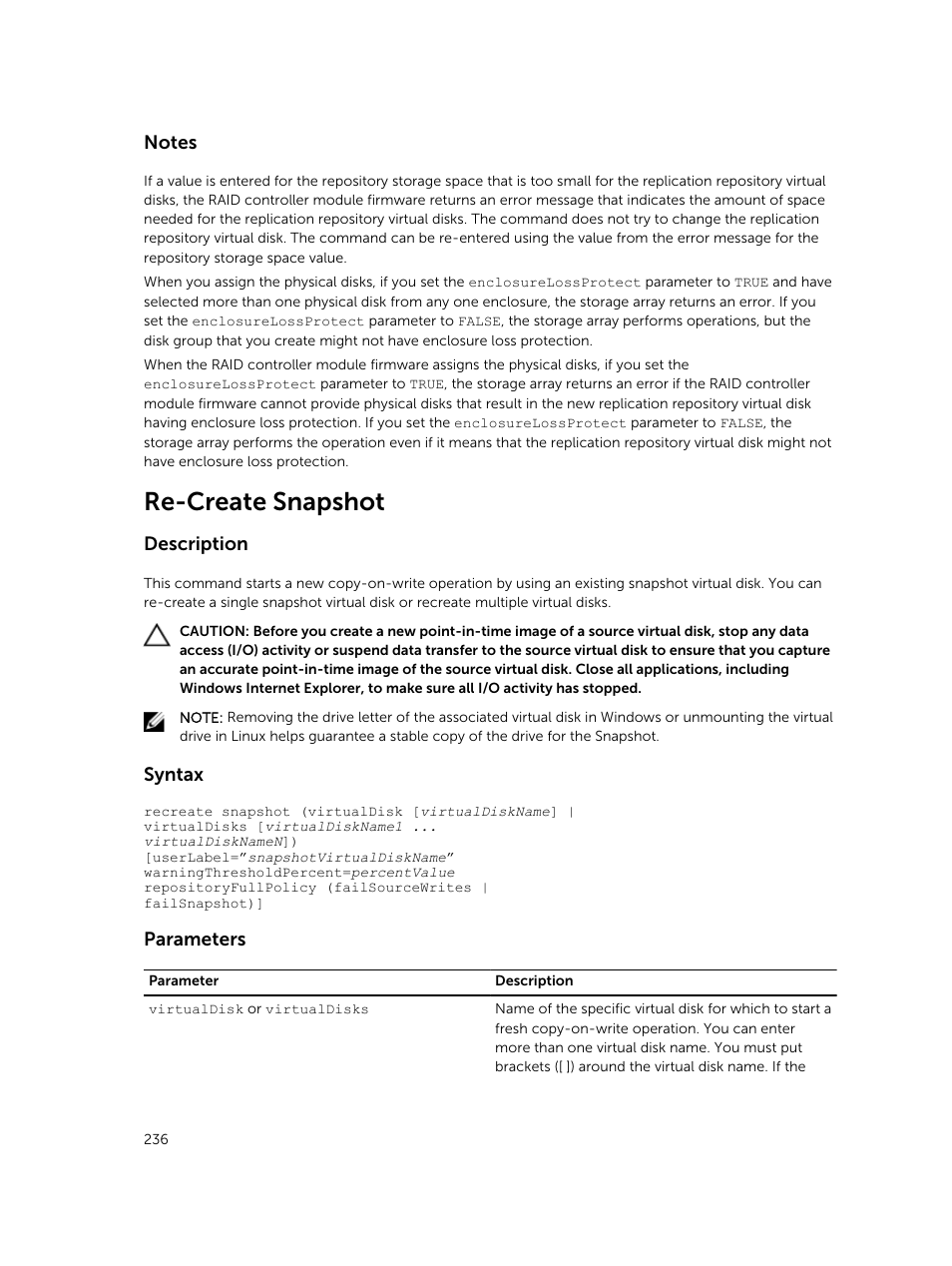 Re-create snapshot, Description, Syntax | Parameters | Dell PowerVault MD3420 User Manual | Page 236 / 405