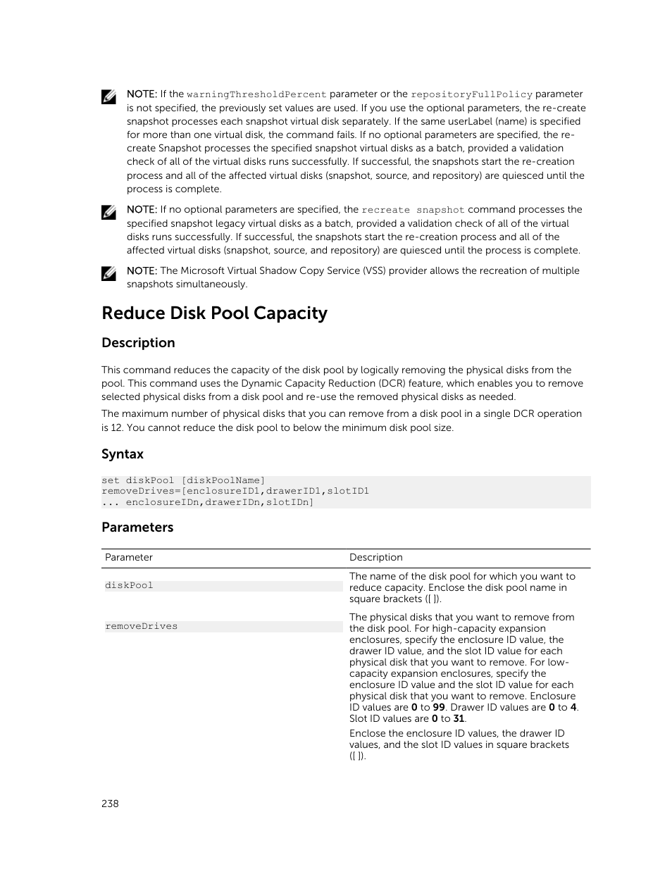 Reduce disk pool capacity, Description, Syntax | Parameters | Dell PowerVault MD3420 User Manual | Page 238 / 405