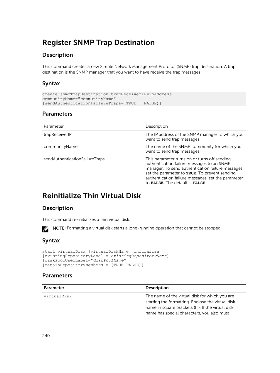 Register snmp trap destination, Reinitialize thin virtual disk, Description | Syntax, Parameters | Dell PowerVault MD3420 User Manual | Page 240 / 405