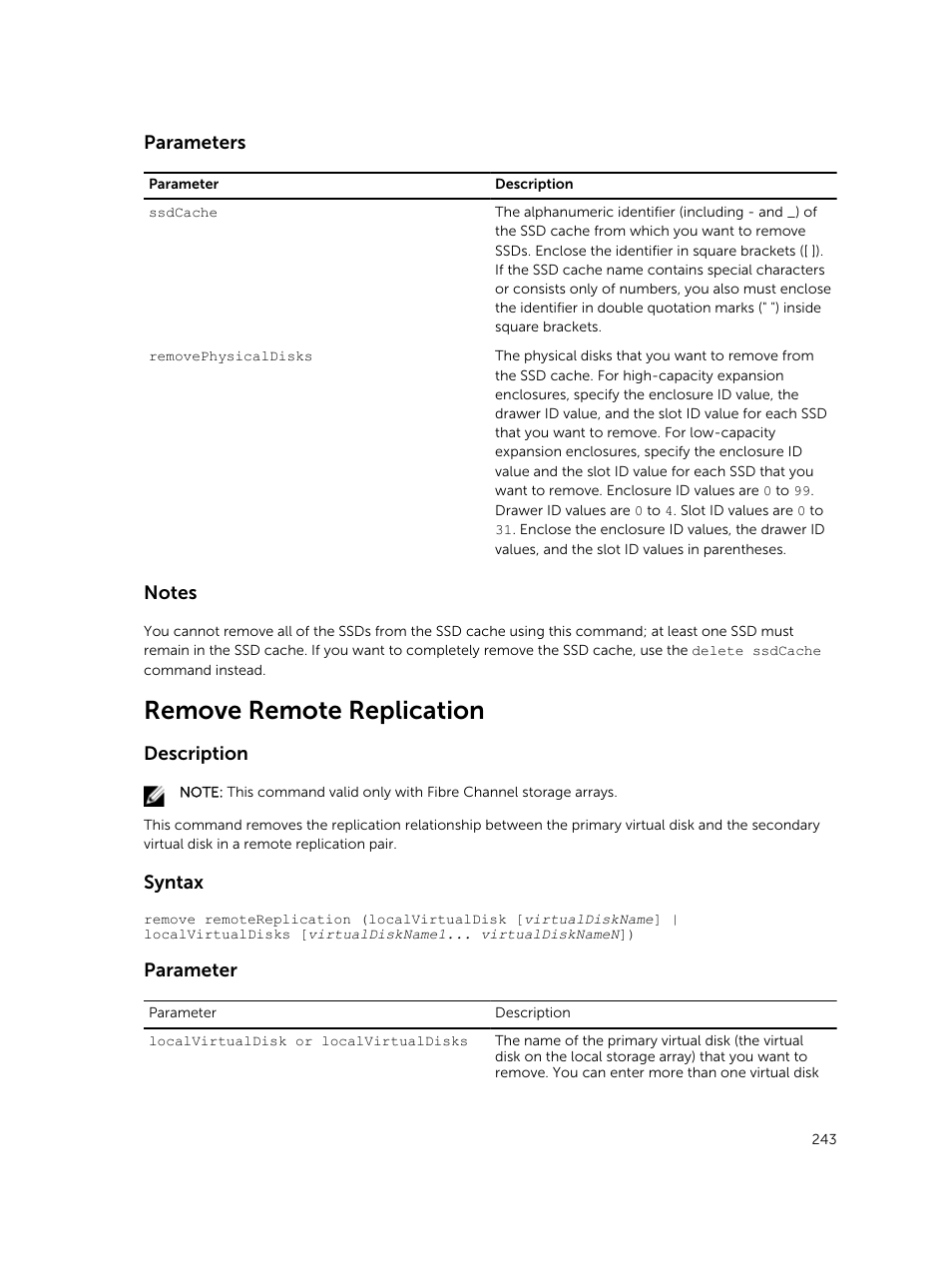 Remove remote replication, Parameters, Description | Syntax, Parameter | Dell PowerVault MD3420 User Manual | Page 243 / 405