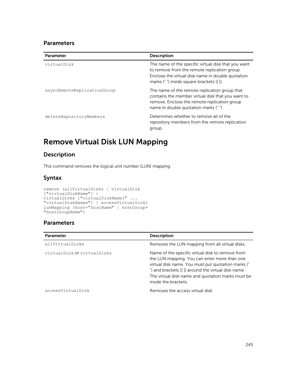 Remove virtual disk lun mapping, Parameters, Description | Syntax | Dell PowerVault MD3420 User Manual | Page 245 / 405
