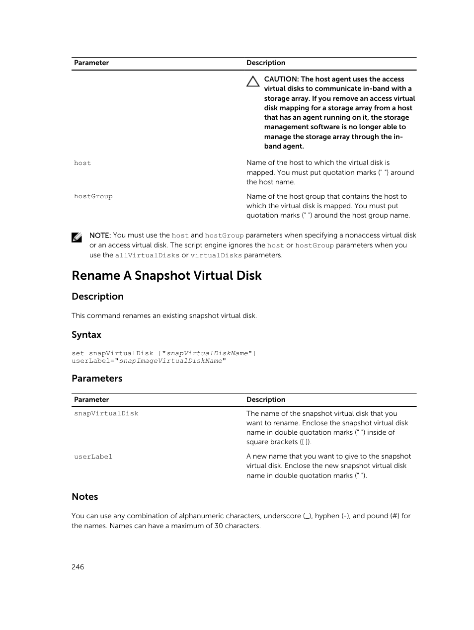 Rename a snapshot virtual disk, Description, Syntax | Parameters | Dell PowerVault MD3420 User Manual | Page 246 / 405