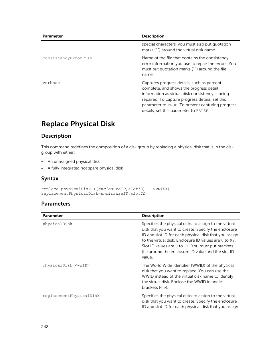 Replace physical disk, Description, Syntax | Parameters | Dell PowerVault MD3420 User Manual | Page 248 / 405