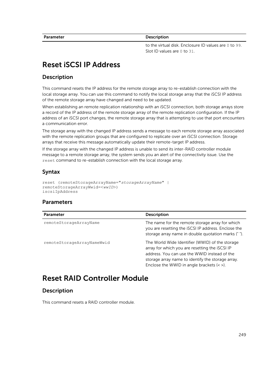 Reset iscsi ip address, Reset raid controller module | Dell PowerVault MD3420 User Manual | Page 249 / 405