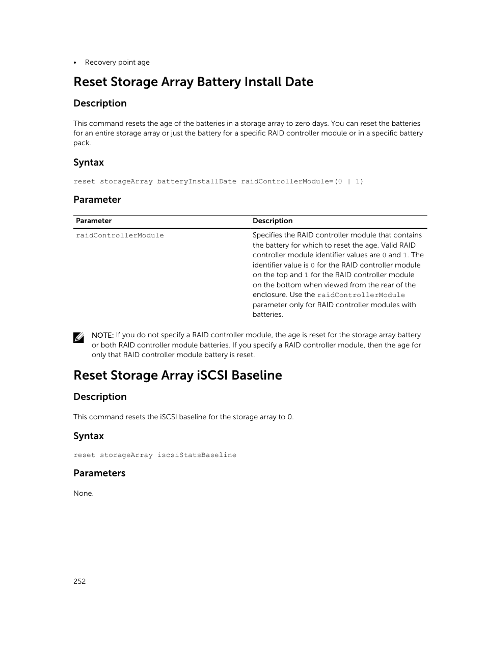 Reset storage array battery install date, Reset storage array iscsi baseline | Dell PowerVault MD3420 User Manual | Page 252 / 405