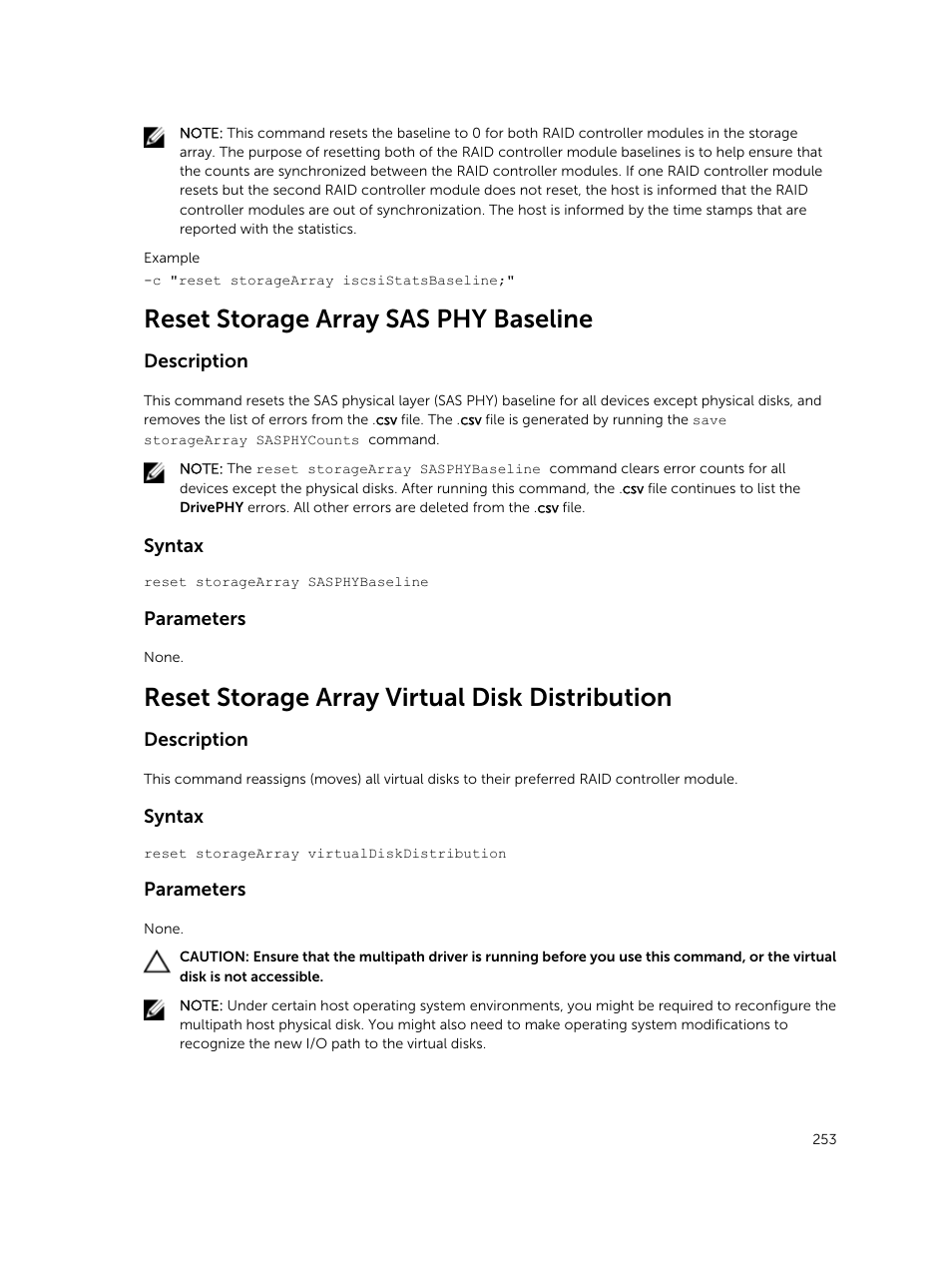 Reset storage array sas phy baseline, Reset storage array virtual disk distribution | Dell PowerVault MD3420 User Manual | Page 253 / 405