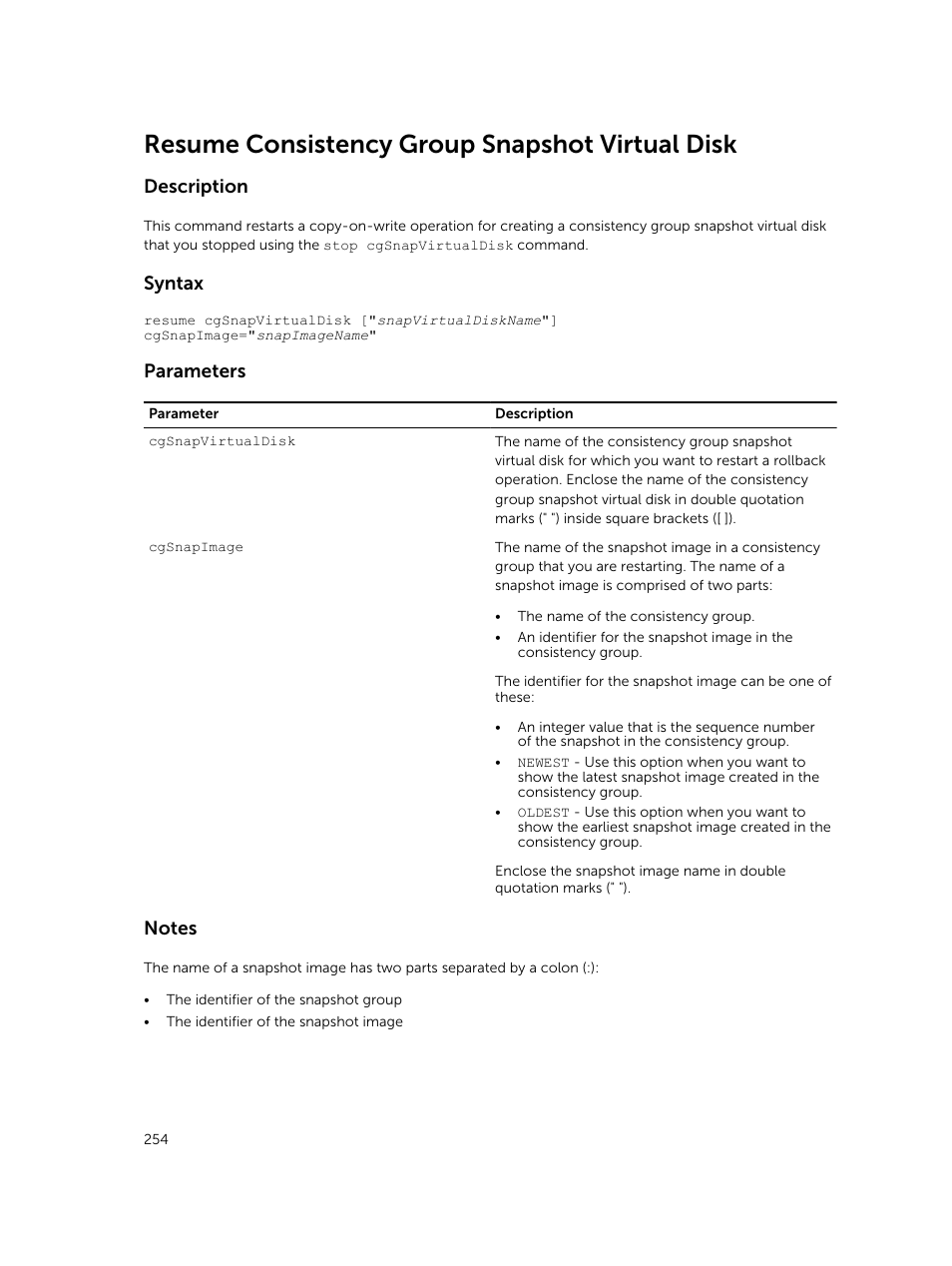 Resume consistency group snapshot virtual disk, Description, Syntax | Parameters | Dell PowerVault MD3420 User Manual | Page 254 / 405