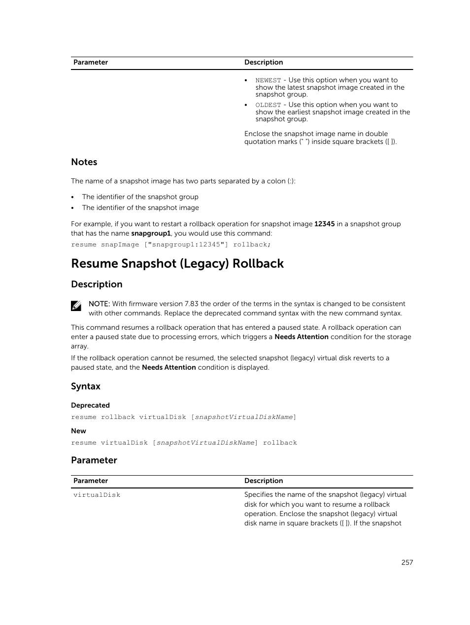 Resume snapshot (legacy) rollback, Description, Syntax | Parameter | Dell PowerVault MD3420 User Manual | Page 257 / 405
