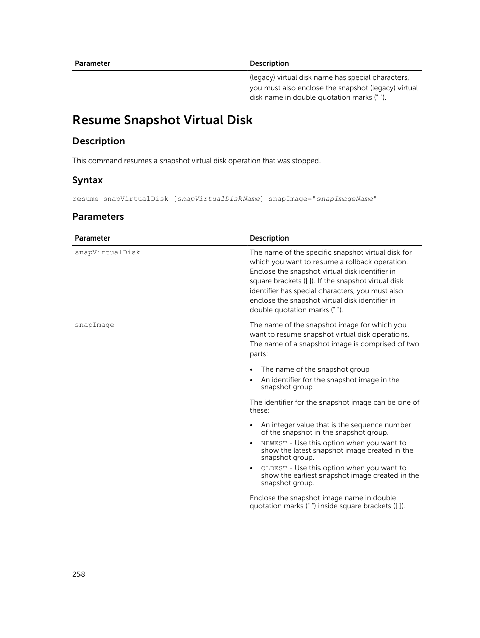 Resume snapshot virtual disk, Description, Syntax | Parameters | Dell PowerVault MD3420 User Manual | Page 258 / 405