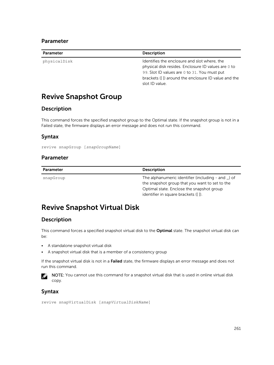 Revive snapshot group, Revive snapshot virtual disk | Dell PowerVault MD3420 User Manual | Page 261 / 405