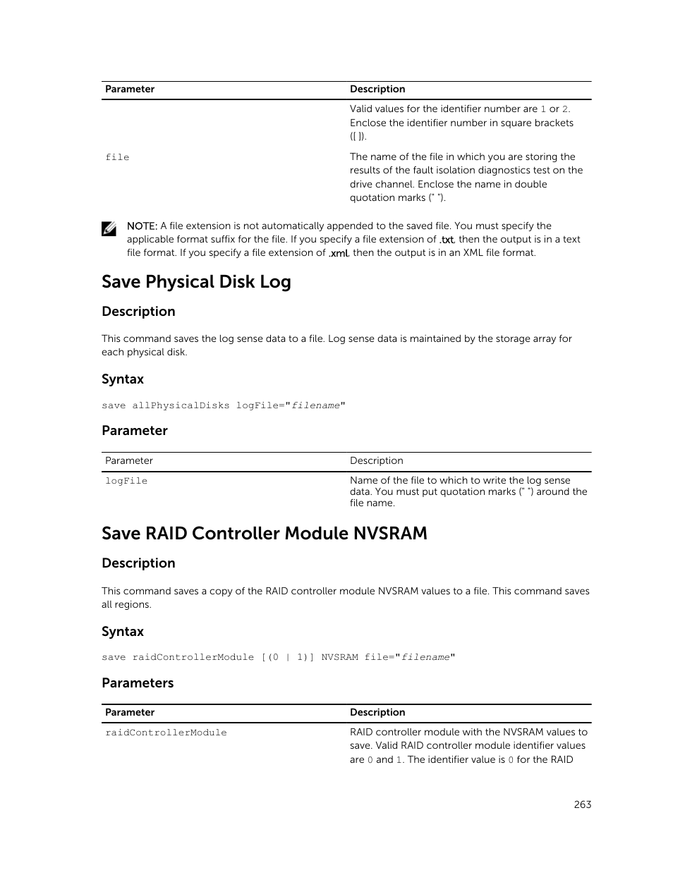 Save physical disk log, Save raid controller module nvsram | Dell PowerVault MD3420 User Manual | Page 263 / 405