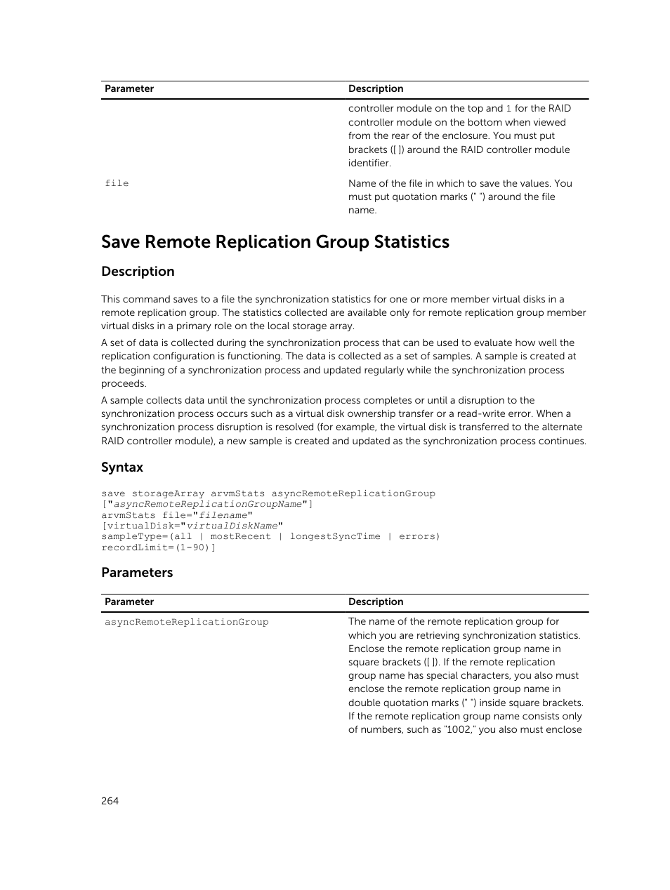 Save remote replication group statistics, Description, Syntax | Parameters | Dell PowerVault MD3420 User Manual | Page 264 / 405