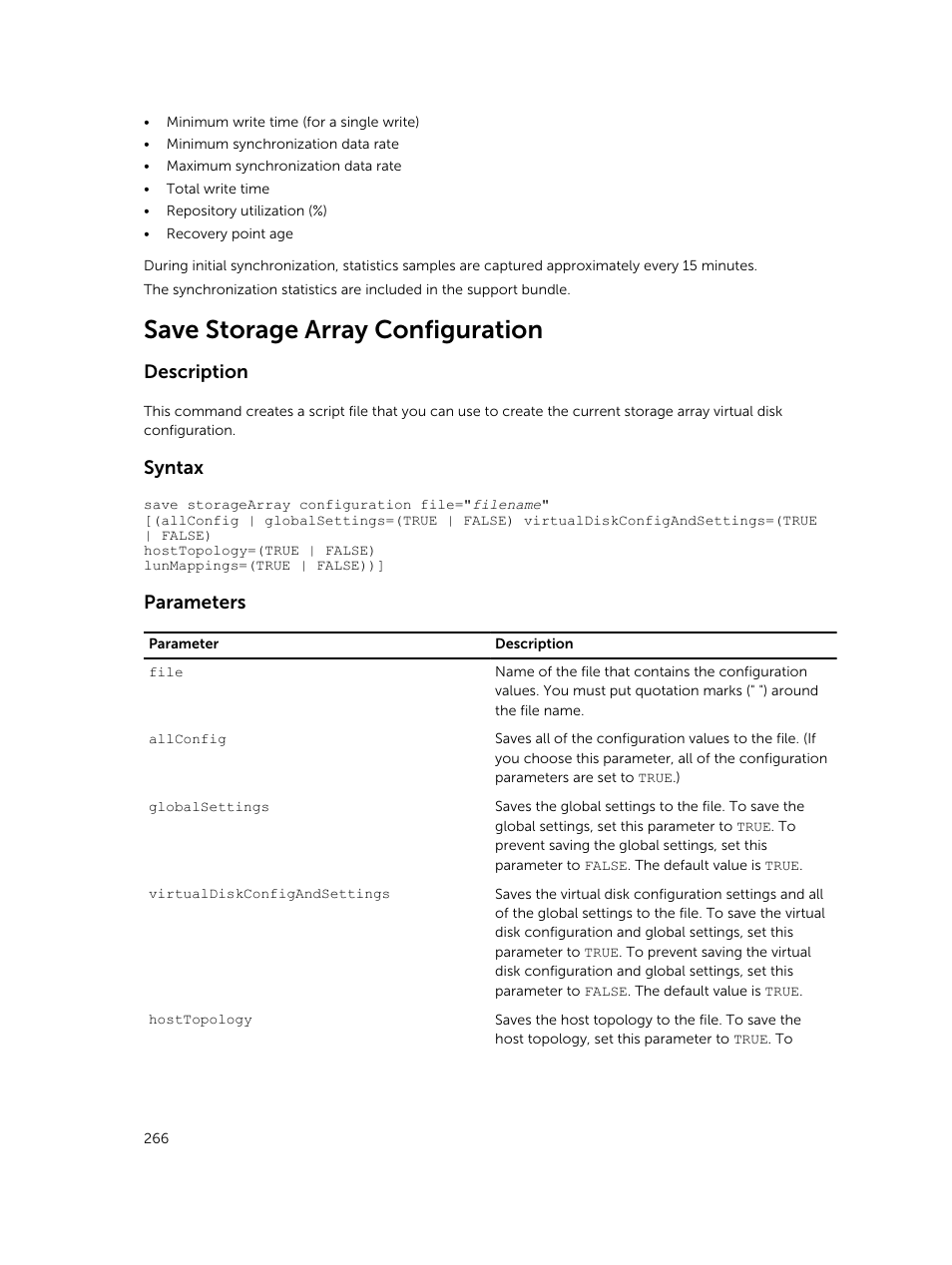Save storage array configuration, Description, Syntax | Parameters | Dell PowerVault MD3420 User Manual | Page 266 / 405