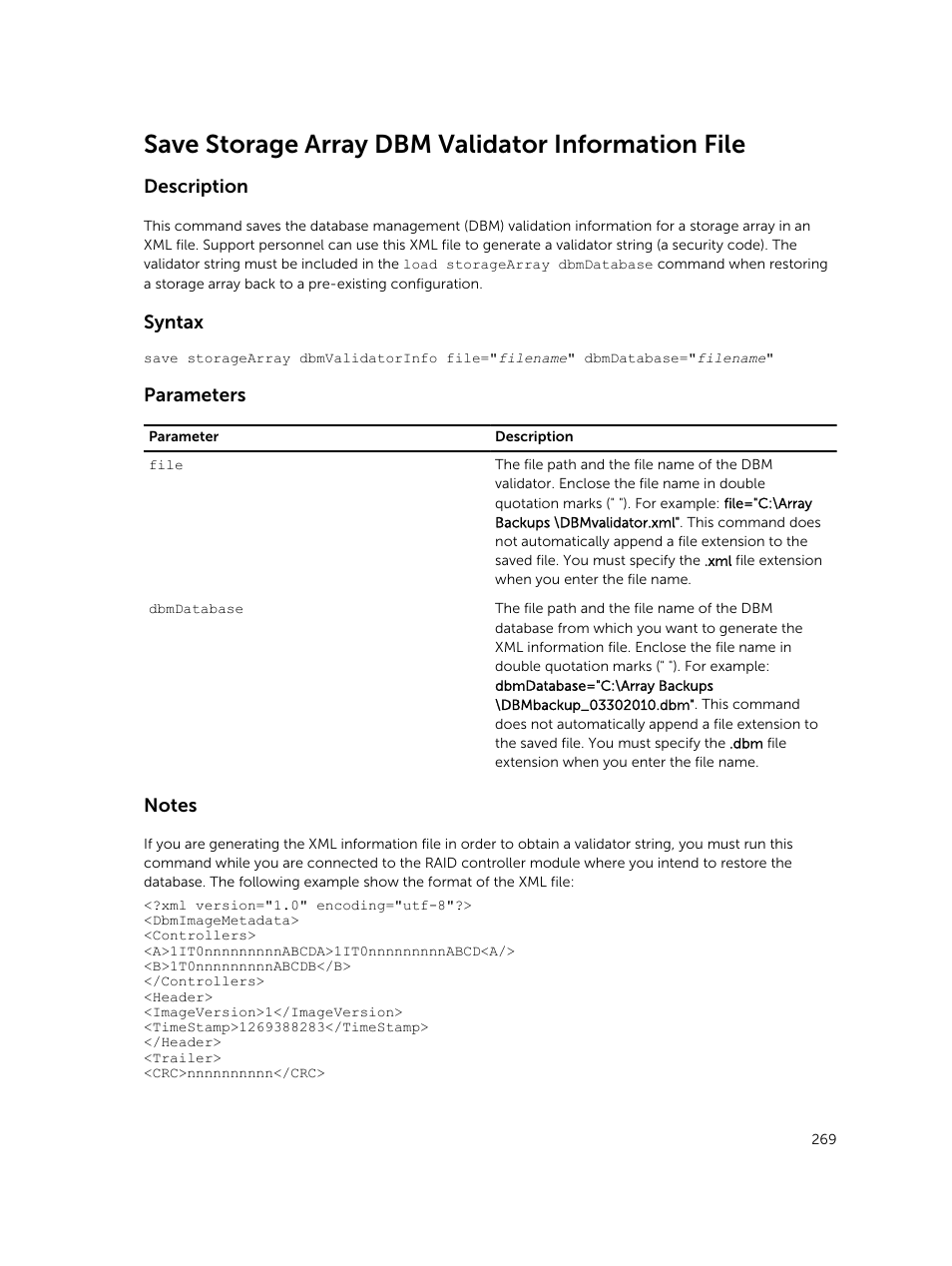 Save storage array dbm validator information file, Description, Syntax | Parameters | Dell PowerVault MD3420 User Manual | Page 269 / 405