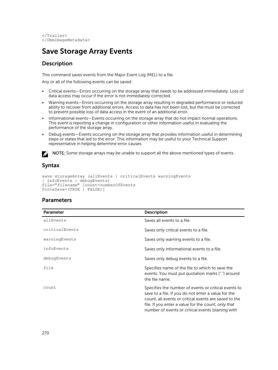 Save storage array events, Description, Syntax | Parameters | Dell PowerVault MD3420 User Manual | Page 270 / 405