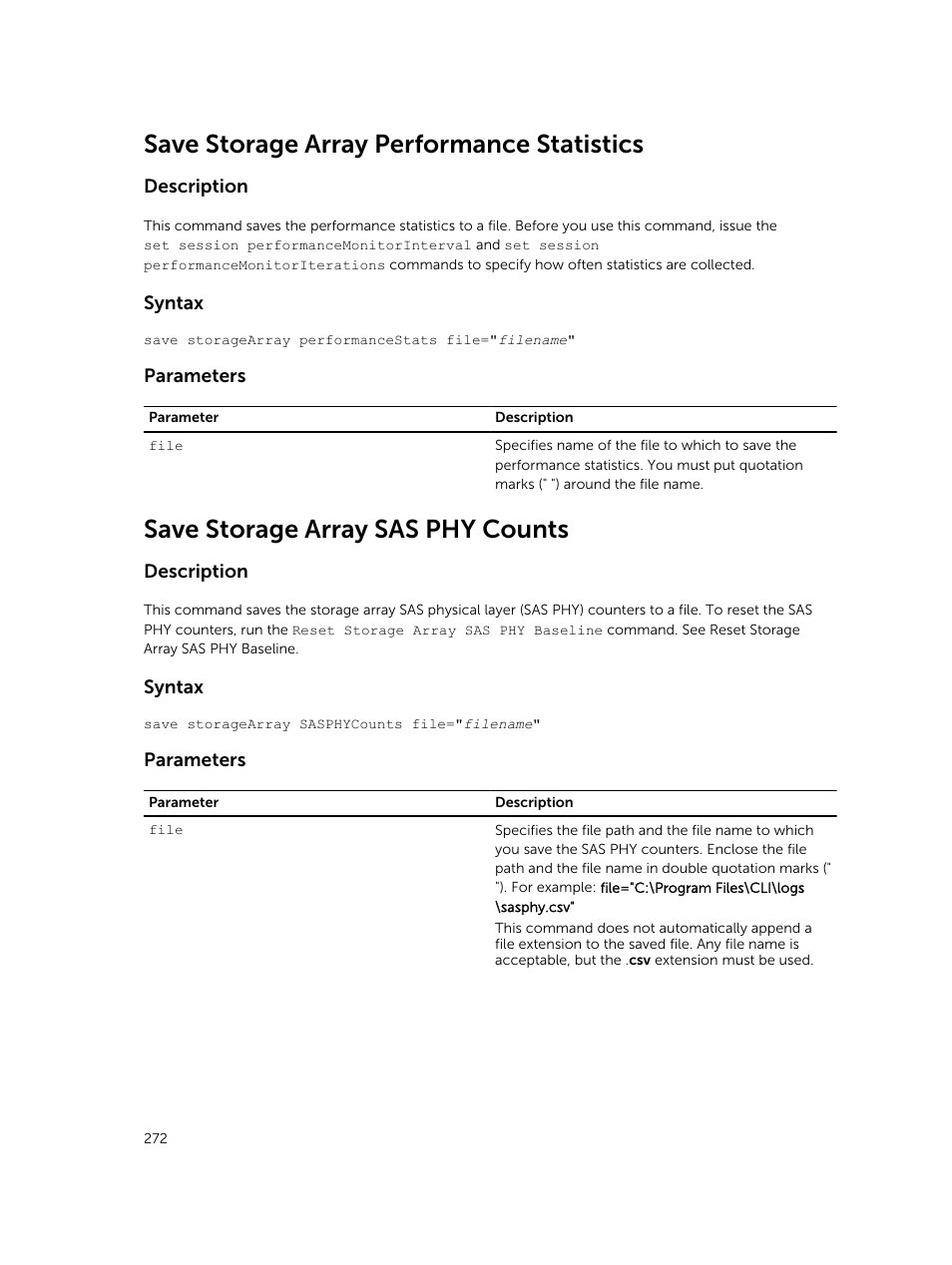 Save storage array performance statistics, Save storage array sas phy counts | Dell PowerVault MD3420 User Manual | Page 272 / 405