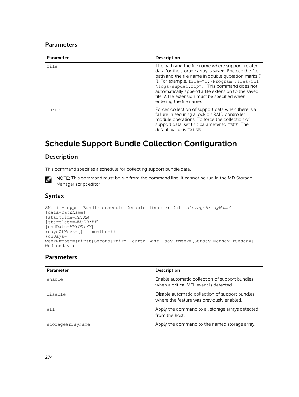 Schedule support bundle collection configuration, Parameters, Description | Syntax | Dell PowerVault MD3420 User Manual | Page 274 / 405