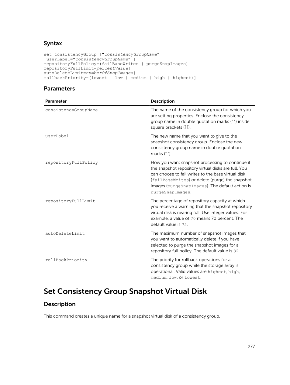 Set consistency group snapshot virtual disk, Syntax, Parameters | Description | Dell PowerVault MD3420 User Manual | Page 277 / 405