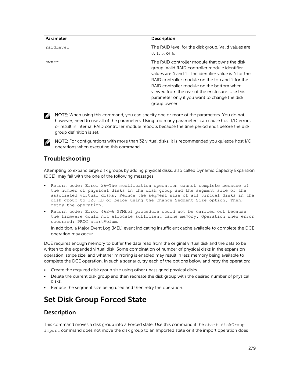 Set disk group forced state, Troubleshooting, Description | Dell PowerVault MD3420 User Manual | Page 279 / 405