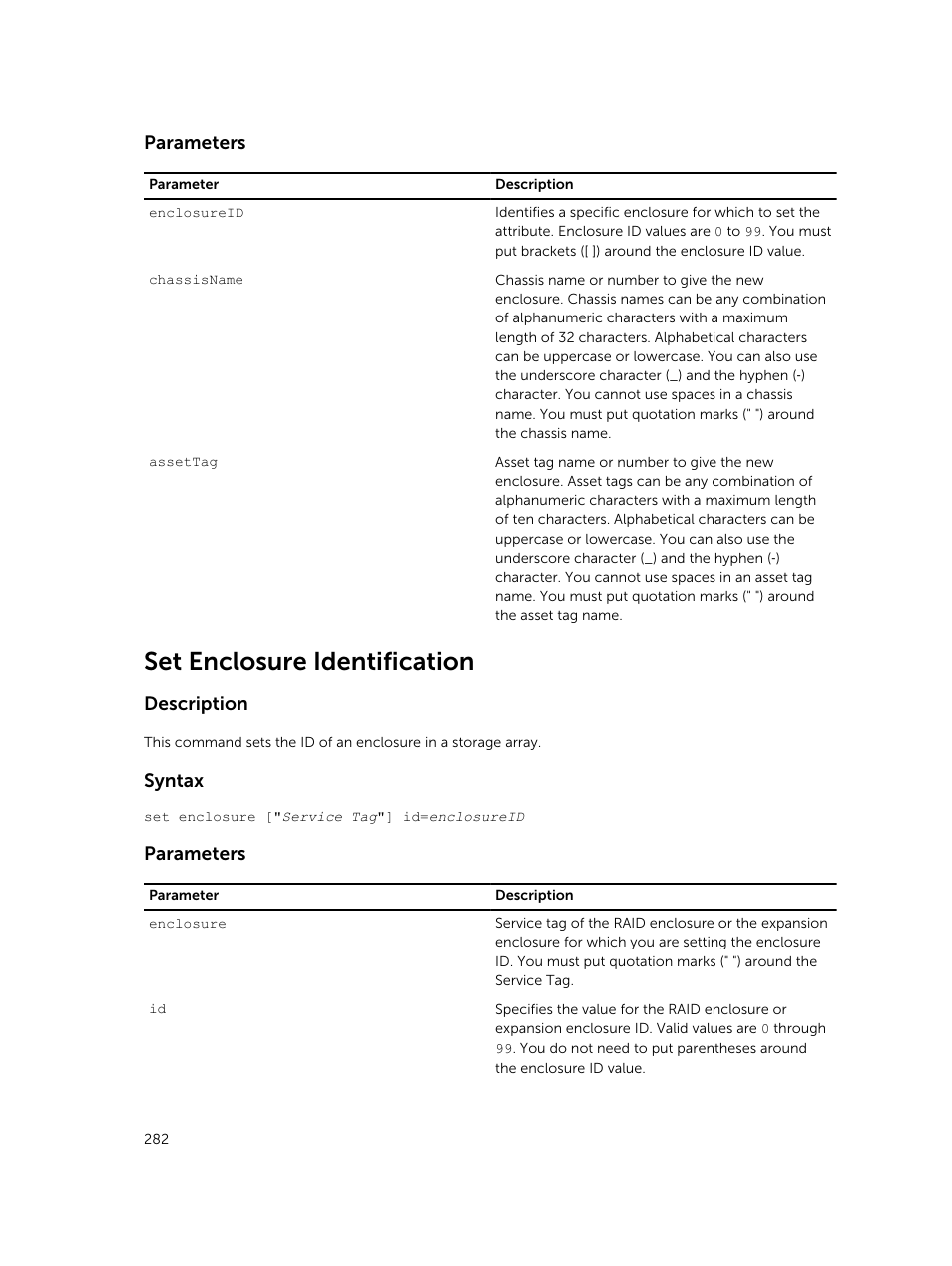 Set enclosure identification, Parameters, Description | Syntax | Dell PowerVault MD3420 User Manual | Page 282 / 405