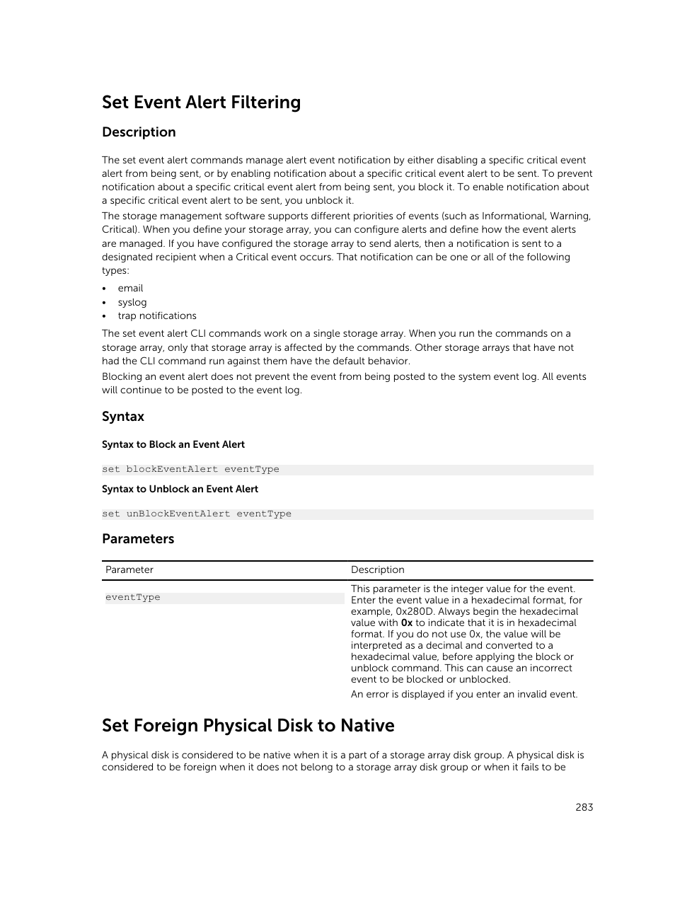 Set event alert filtering, Set foreign physical disk to native, Description | Syntax, Parameters | Dell PowerVault MD3420 User Manual | Page 283 / 405