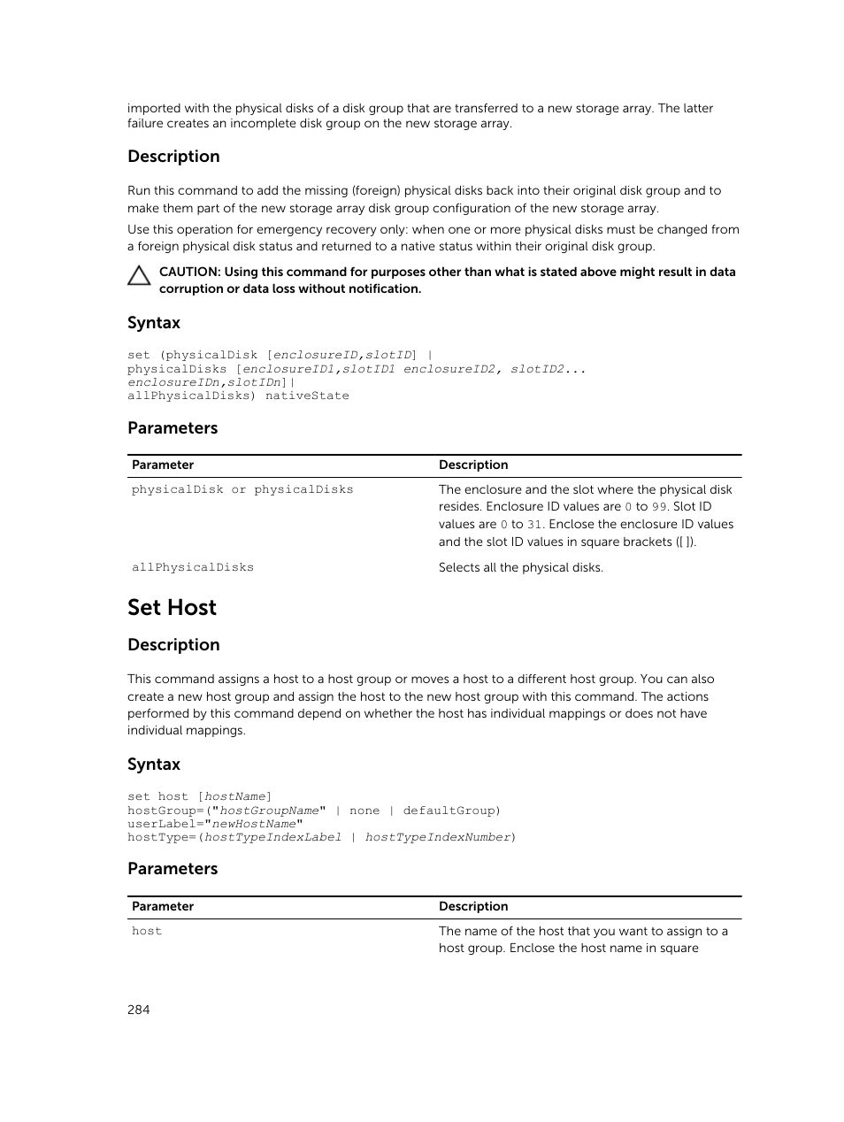 Set host, Description, Syntax | Parameters | Dell PowerVault MD3420 User Manual | Page 284 / 405