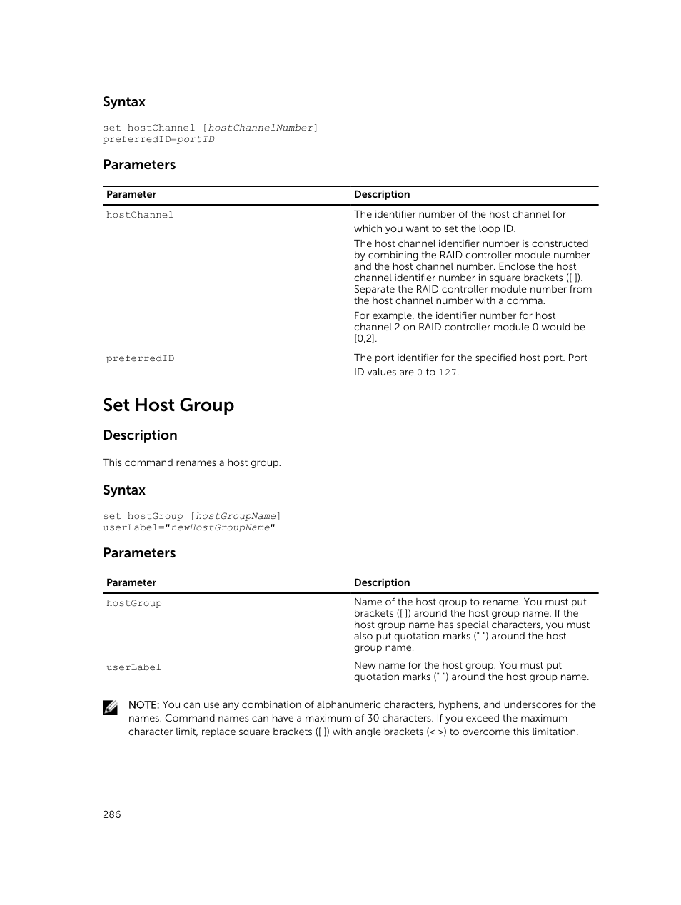 Set host group, Syntax, Parameters | Description | Dell PowerVault MD3420 User Manual | Page 286 / 405