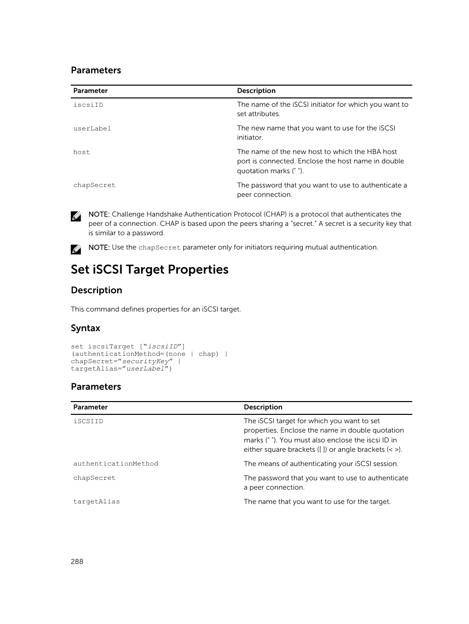Set iscsi target properties, Parameters, Description | Syntax | Dell PowerVault MD3420 User Manual | Page 288 / 405