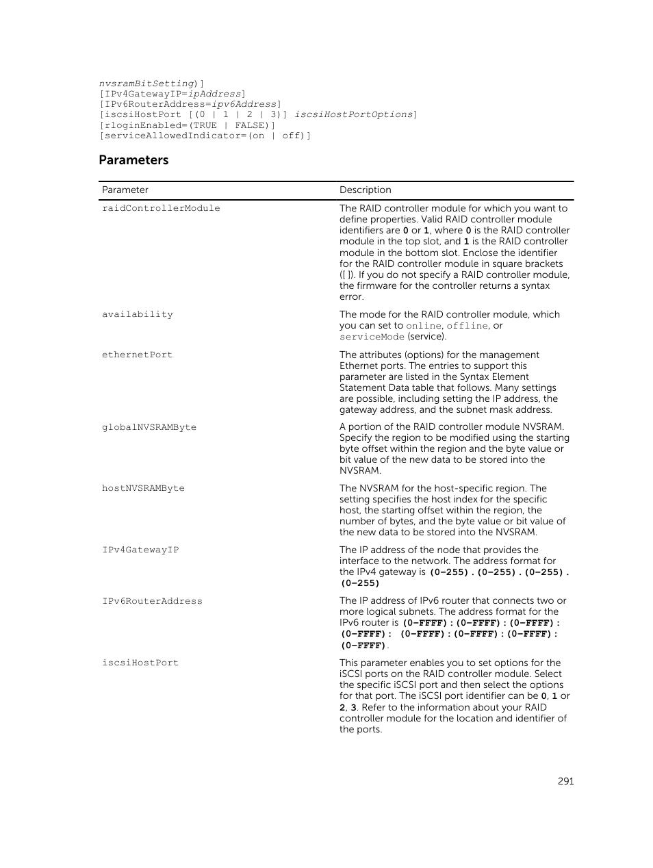 Parameters | Dell PowerVault MD3420 User Manual | Page 291 / 405