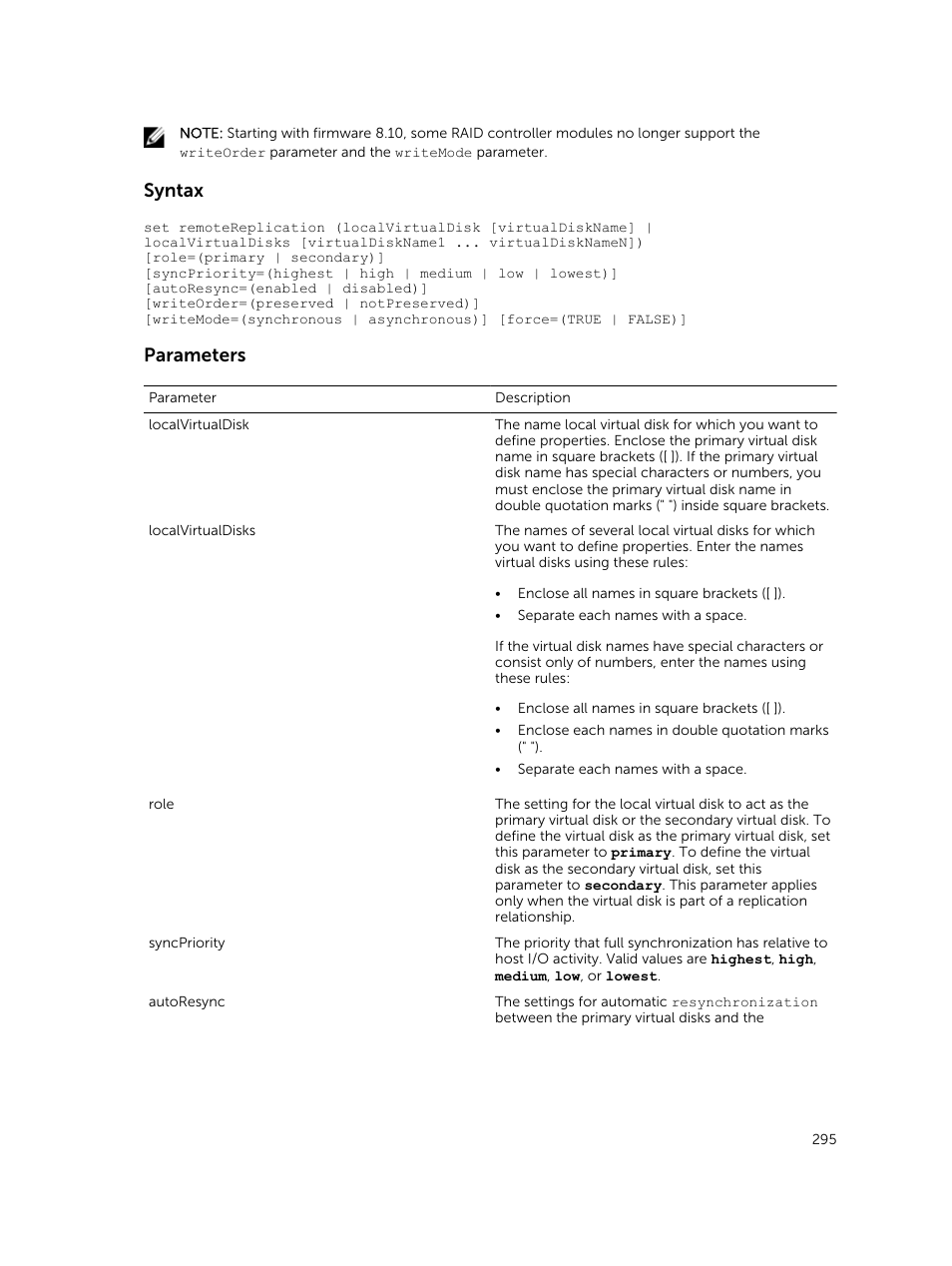 Syntax, Parameters | Dell PowerVault MD3420 User Manual | Page 295 / 405