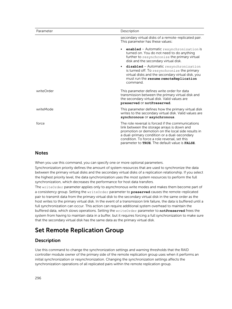 Set remote replication group, Description | Dell PowerVault MD3420 User Manual | Page 296 / 405