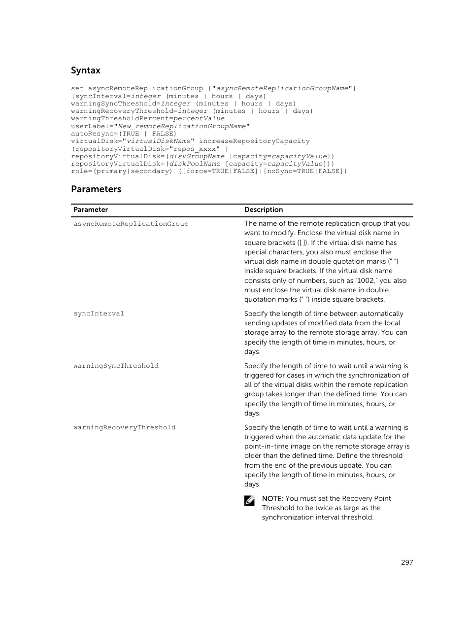 Syntax, Parameters | Dell PowerVault MD3420 User Manual | Page 297 / 405