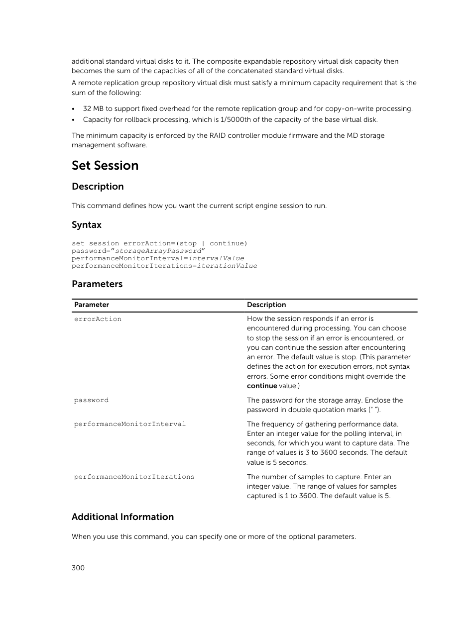 Set session, Description, Syntax | Parameters, Additional information | Dell PowerVault MD3420 User Manual | Page 300 / 405