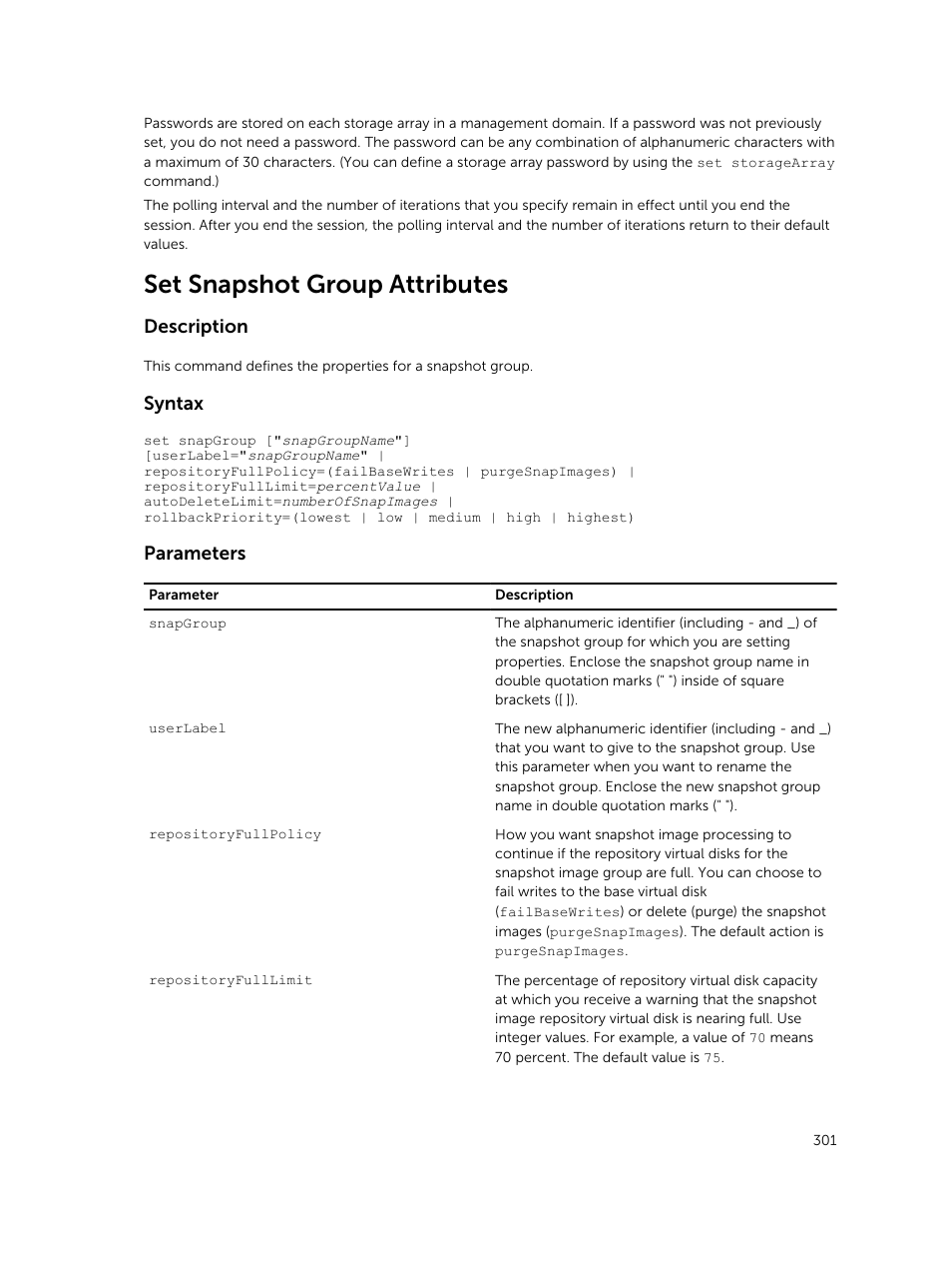 Set snapshot group attributes, Description, Syntax | Parameters | Dell PowerVault MD3420 User Manual | Page 301 / 405