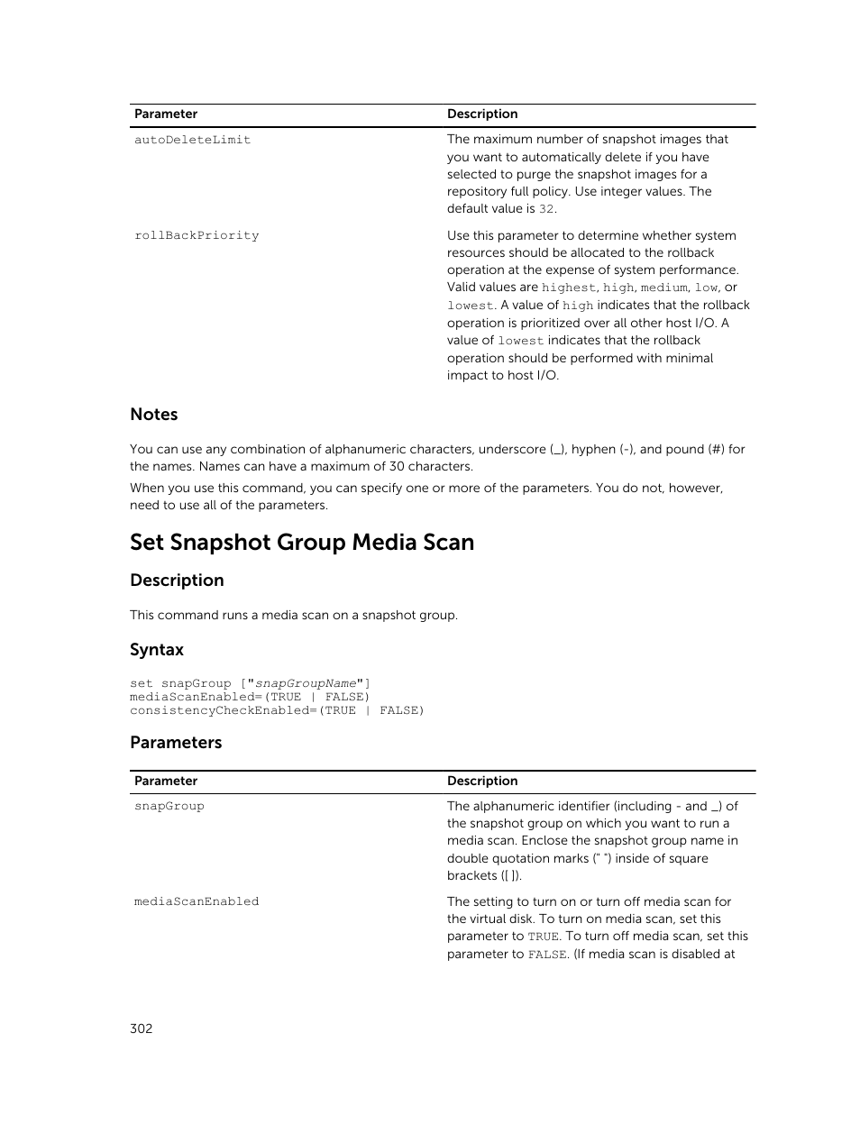 Set snapshot group media scan, Description, Syntax | Parameters | Dell PowerVault MD3420 User Manual | Page 302 / 405