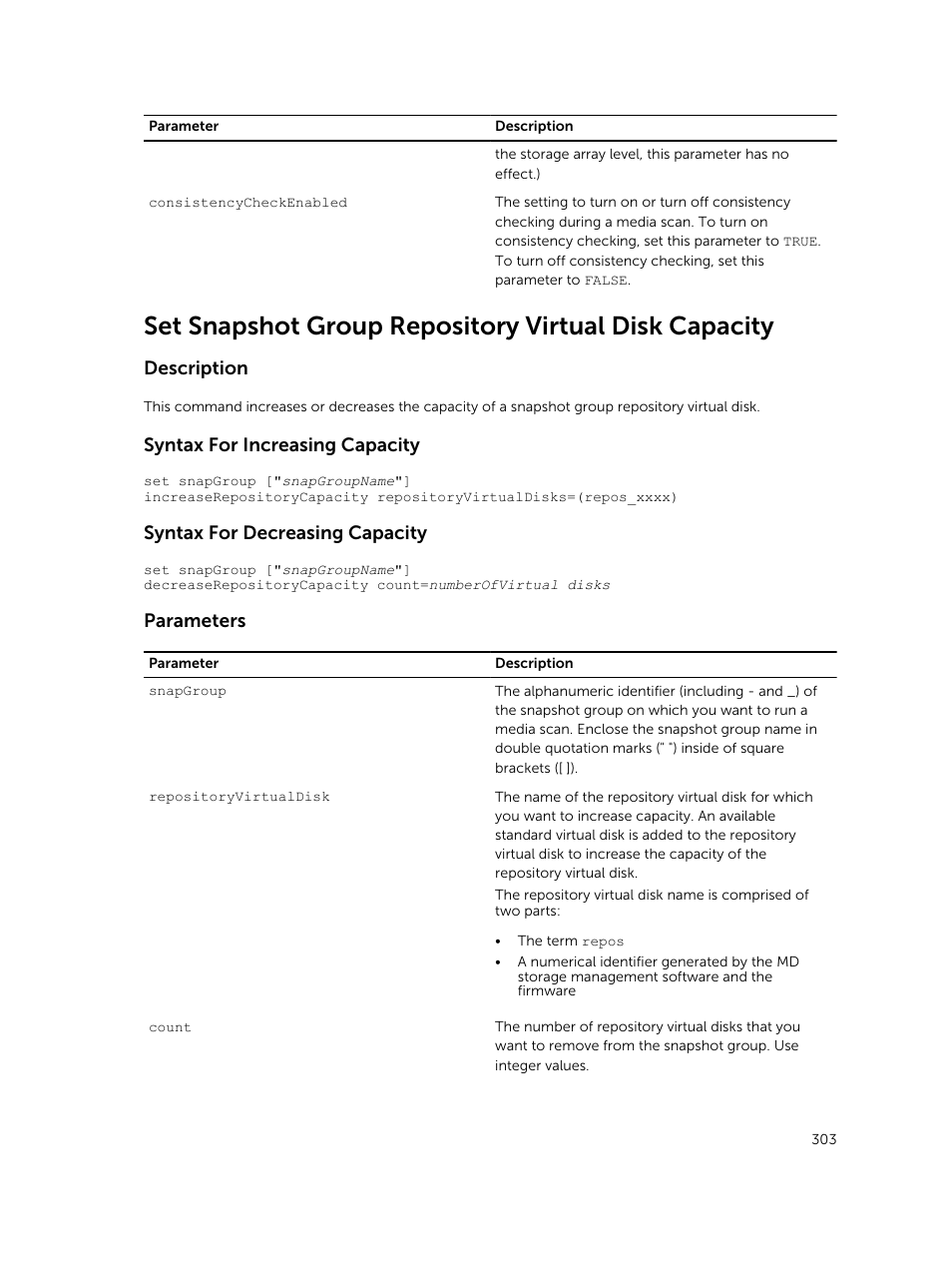 Description, Syntax for increasing capacity, Syntax for decreasing capacity | Parameters | Dell PowerVault MD3420 User Manual | Page 303 / 405