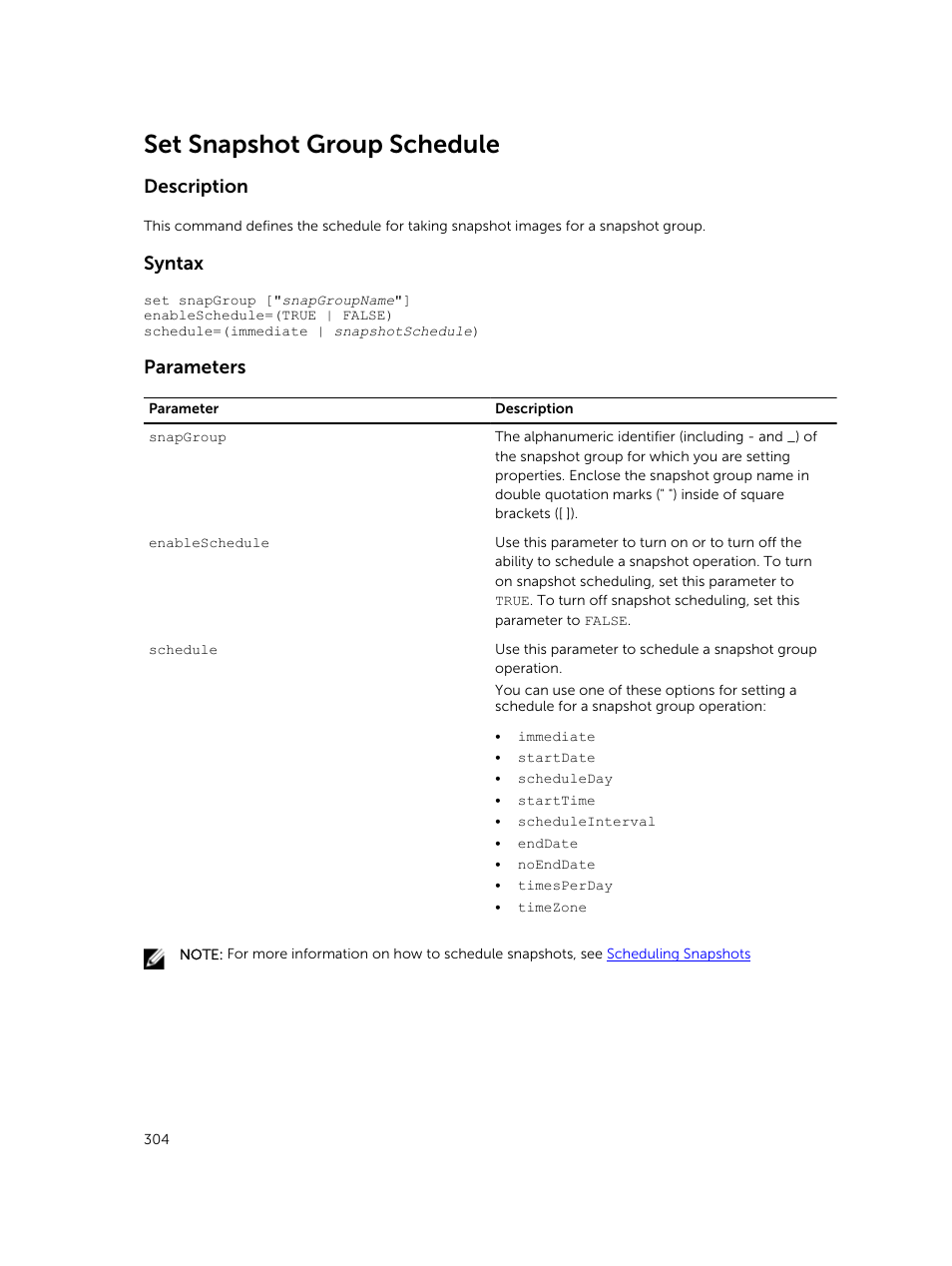 Set snapshot group schedule, Description, Syntax | Parameters | Dell PowerVault MD3420 User Manual | Page 304 / 405