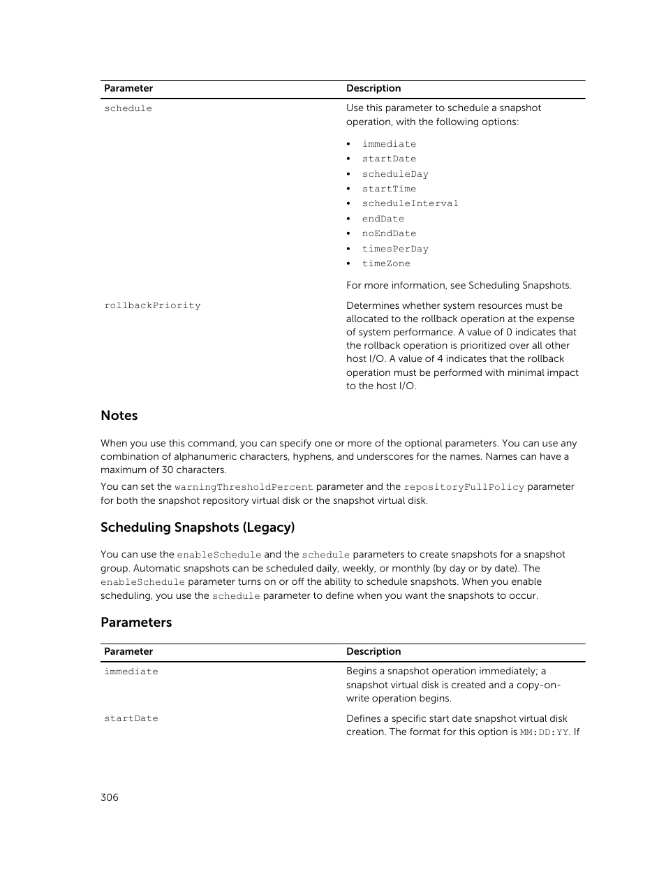 Scheduling snapshots (legacy), Parameters | Dell PowerVault MD3420 User Manual | Page 306 / 405