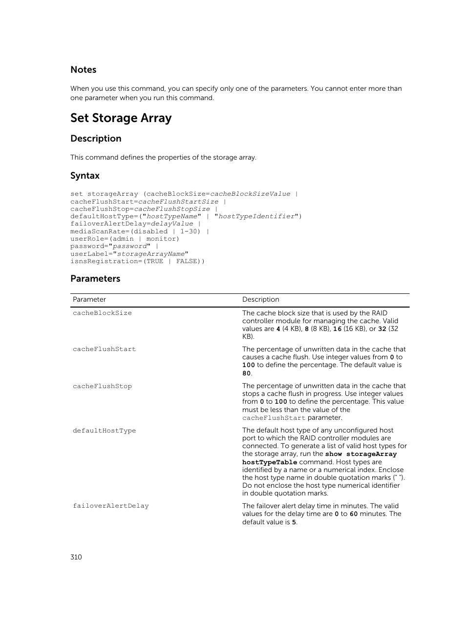 Set storage array, Description, Syntax | Parameters | Dell PowerVault MD3420 User Manual | Page 310 / 405